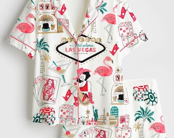 Las Vegas Watercolor Pajama Set, Gambling Casino Nevada City Skyline Dice Slot Machine Print Short Sleeve Satin Pajama Set Gifts Nightwear