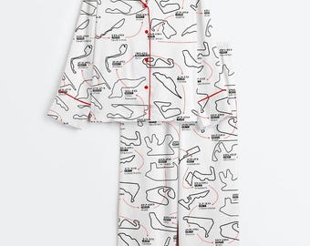 2025 Racing Car Schedule Long Sleeve Satin Pajama Set, Racing Car Men Women Gift Lover Pajama Sleepwear