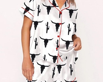 Gangstas Western Cowgirls Pajama Set, Paradise Cowgirls Western Boost Satin PJs, Coastal Holiday Sleepwear, Short Sleeve Lounge Set Gift