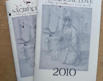 Może przedstawiać: Dwie kopie książki zatytułowanej "Sacrificial Love: A tale of horror in nine parts" z akwarelową ilustracją na okładce. Okładka książki jest biała z czerwonymi plamami farby, a tytuł jest w czarnym kolorze. Rok 2010 jest wydrukowany na dole okładki czarnym kolorem.