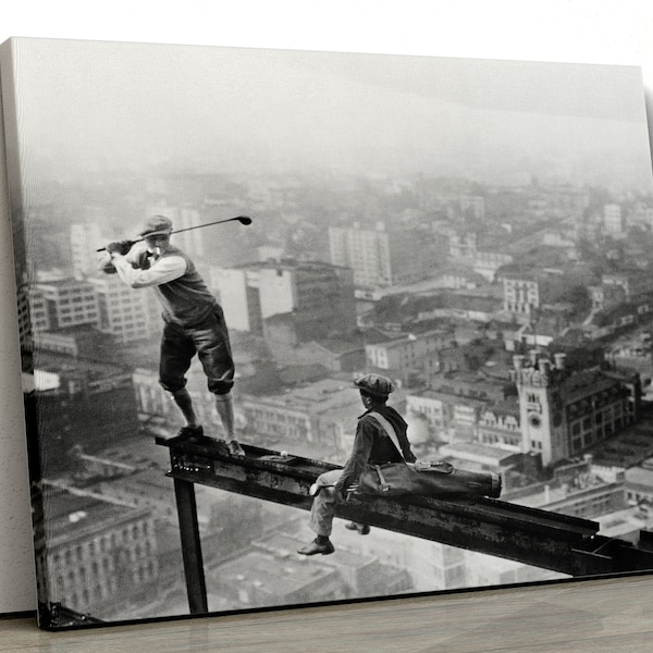 Golf on Skyscraper Beam, Golf Wall Art, Black and White Art, Vintage Wall Art, Funny Wall Art, Old Golf Photo, Canvas Ready To Hang