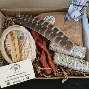 Smudge Kit - Abalone shell, 1 pc wood stand, feather, Palo Santo sticks, sage sticks and loose sage all included