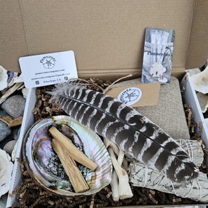 Smudge Kit – Abalone Shell, Palo Santo, White Sage, Turkey Feather