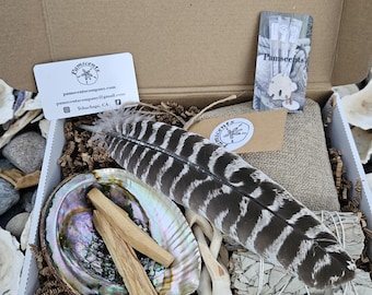 Smudge Kit – Abalone Shell, Palo Santo, White Sage, Turkey Feather