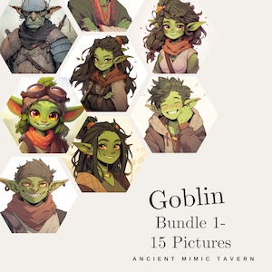 Peut inclure: Un ensemble de 15 illustrations numériques de différents personnages gobelins. Les gobelins sont représentés dans diverses poses et expressions, avec des vêtements et des accessoires différents. Les illustrations sont de style cartoon avec des couleurs vives et des détails précis. Le texte "Goblin Bundle 1-15 Pictures" est affiché en bas de l'image.