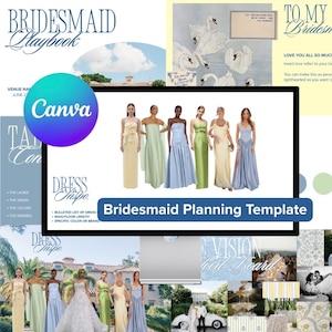 May include: A Bridesmaid Planning Template with a Canva logo. The image features a collage with text, a mood board, and a selection of bridesmaid dresses in various pastel colors. The text includes "Bridesmaid Playbook" and "Dress Inspo."