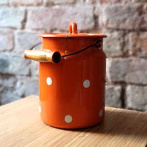 Soviet-era vintage enamel milk can orange with white polka dots | wooden handle | 3.5 L | Metal Milk Jug | Rustic Farmhouse Decor