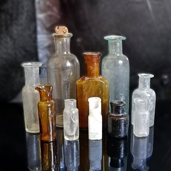 Antique Medicine Bottles SET 10 Retro Apothecary Bottles Medicine Bottles Old Glass Vial Vintage Medical Miniature Bottle Rare Collectable