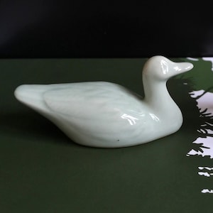 Vintage Porcelain Duck Figurine | Light Gray with Feather Detail | Mid-Century Home Decor