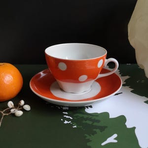 Vintage Riga Porcelain Teacup and Saucer - Orange with White Polka Dots - 1970s-80s