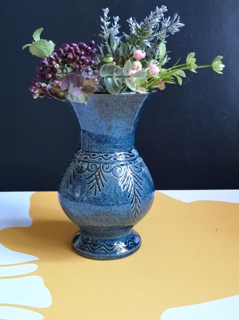 Vintage Blue Ceramic Flower Vase, Handmade Latvian Pottery, Rustic Home ...