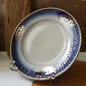 Vintage Snack Plate, Sumy Porcelain Factory, White with Blue Rim & Gold Floral, USSR Tableware