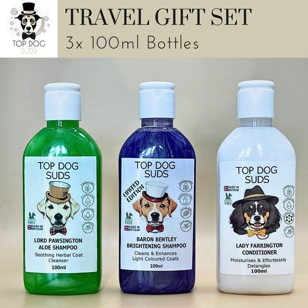 Dog Shampoo Travel Gift Set - 3x 100ml Bottles from the Top Dog Suds Range of Premium Dog Grooming Products - Vegan Friendly & Cruelty Free