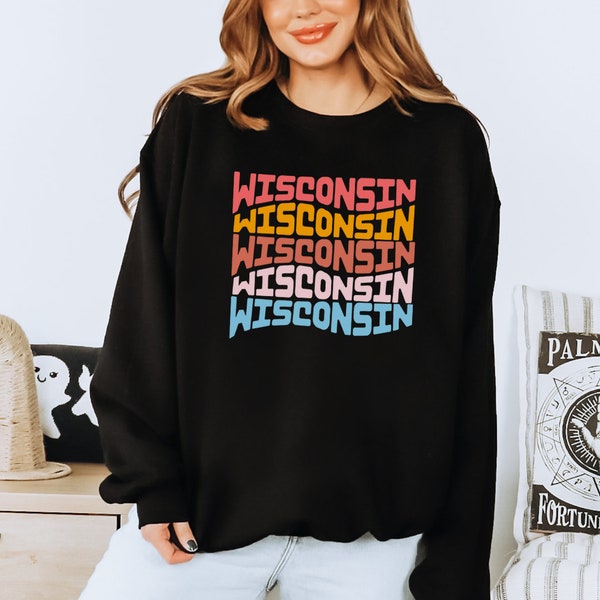 Colorful Wisconsin Women’s Crew Neck, Oversized Sconnie Pullover, Cute Wisco Crew