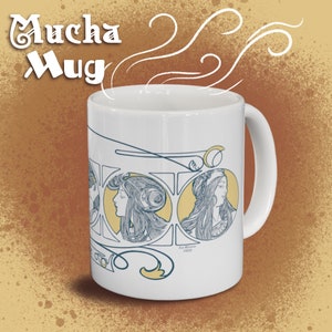 Art Nouveau Ceramic Mug, White 11oz Mucha Style Coffee Mug, Art History Mug For Art Student, Art College Gift