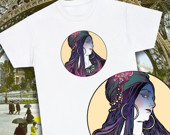 Camiseta estilo Vintage Mucha, camisa blanca Art Nouveau para artista, moda Boho Art Nouveau, regalo de estudiante de arte, camiseta Mucha Girl