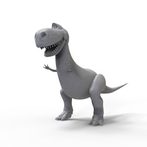 May include: A gray, cartoon-style dinosaur toy with a toothy grin. The dinosaur is standing on all fours with its tail curled behind it.
