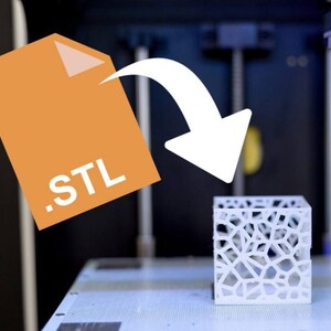 May include: A white 3D printed object with a lattice design is being created by a 3D printer. An orange file with the text ".STL" is being moved towards the printer.