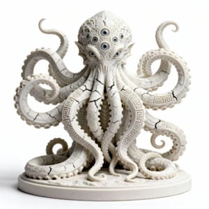 Può includere: Scultura di un polpo bianco con molteplici occhi e tentacoli dettagliati. La scultura ha un aspetto crepato e invecchiato ed è decorata con motivi geometrici. Poggia su una base rotonda, mostrando un design artistico unico.