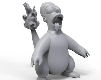 May include: A gray 3D printed figurine of a cartoon character with a fire tail. The character has a yellow head with a large mouth and tongue sticking out. The character is in a standing pose with its arms outstretched.