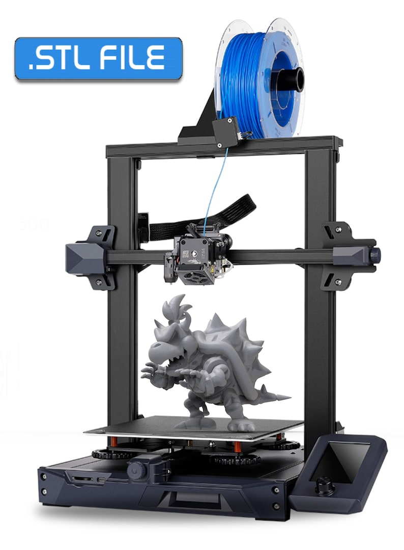 May include: A black 3D printer with a blue filament spool, a grey 3D printed model, and a touchscreen display. The printer has a black frame and a blue filament spool. The 3D printed model is a grey figure of a character from a video game. The touchscreen display is on the front of the printer.