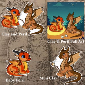 K&ouml;nnte beinhalten: Eine Sammlung von Drachenaufklebern und Kunstdrucken. Die Aufkleber zeigen Cartoon-Drachen in Orange- und Braunt&ouml;nen, einige mit Marshmallows. Der Text enth&auml;lt "Clay and Peril", "Baby Peril" und "Mini Clay".