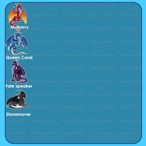 K&ouml;nnte beinhalten: Digitale Illustration mit vier verschiedenen Drachenfiguren. Die Drachen sind in verschiedenen Farben gehalten, darunter Rot, Blau, Lila und Schwarz. Jeder Drache hat einen Namen: Mulberry, Queen Coral, Fate speaker und Stonemover.
