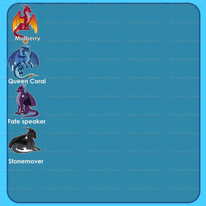 K&ouml;nnte beinhalten: Digitale Illustration mit vier verschiedenen Drachenfiguren. Die Drachen sind in verschiedenen Farben gehalten, darunter Rot, Blau, Lila und Schwarz. Jeder Drache hat einen Namen: Mulberry, Queen Coral, Fate speaker und Stonemover.