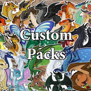 Könnte beinhalten: Eine Sammlung bunter Drachenaufkleber mit verschiedenen Arten, die sich durch ihre Schuppen, Flügel und Gesichtsausdrücke unterscheiden. Der Text Custom Packs ist mittig in fetter weißer Schrift mit schwarzer Umrandung platziert.