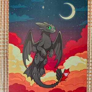 Toothless Dragon Poster – 8.5x11&quot; Night Fury Fan Art Print – Cute Fantasy Wall Art for Dragon Lovers, Bedroom, Office, or Gifts