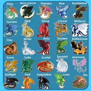 K&ouml;nnte beinhalten: Auf blauem Hintergrund ein Raster von 24 farbenfrohen Drachenillustrationen, jede mit einem einzigartigen Design und Namen. Die Drachen variieren in der Farbe, darunter Rot, Gr&uuml;n, Gelb und Blau, mit Namen wie "Glory", "Tsunami" und "Sunny".