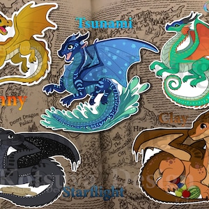 May include: Five colorful cartoon dragon stickers with names "Sunny", "Tsunami", "Glory", "Clay", and "Starflight".