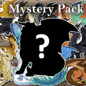 K&ouml;nnte beinhalten: Eine Sammlung farbenfroher Drachenaufkleber mit dem Titel "Mystery Pack". Die Aufkleber zeigen verschiedene Drachendesigns in Gelb-, Blau-, Gr&uuml;n- und Braunt&ouml;nen. Eine gro&szlig;e schwarze Silhouette mit einem wei&szlig;en Fragezeichen bedeckt einen Teil der Aufkleber.
