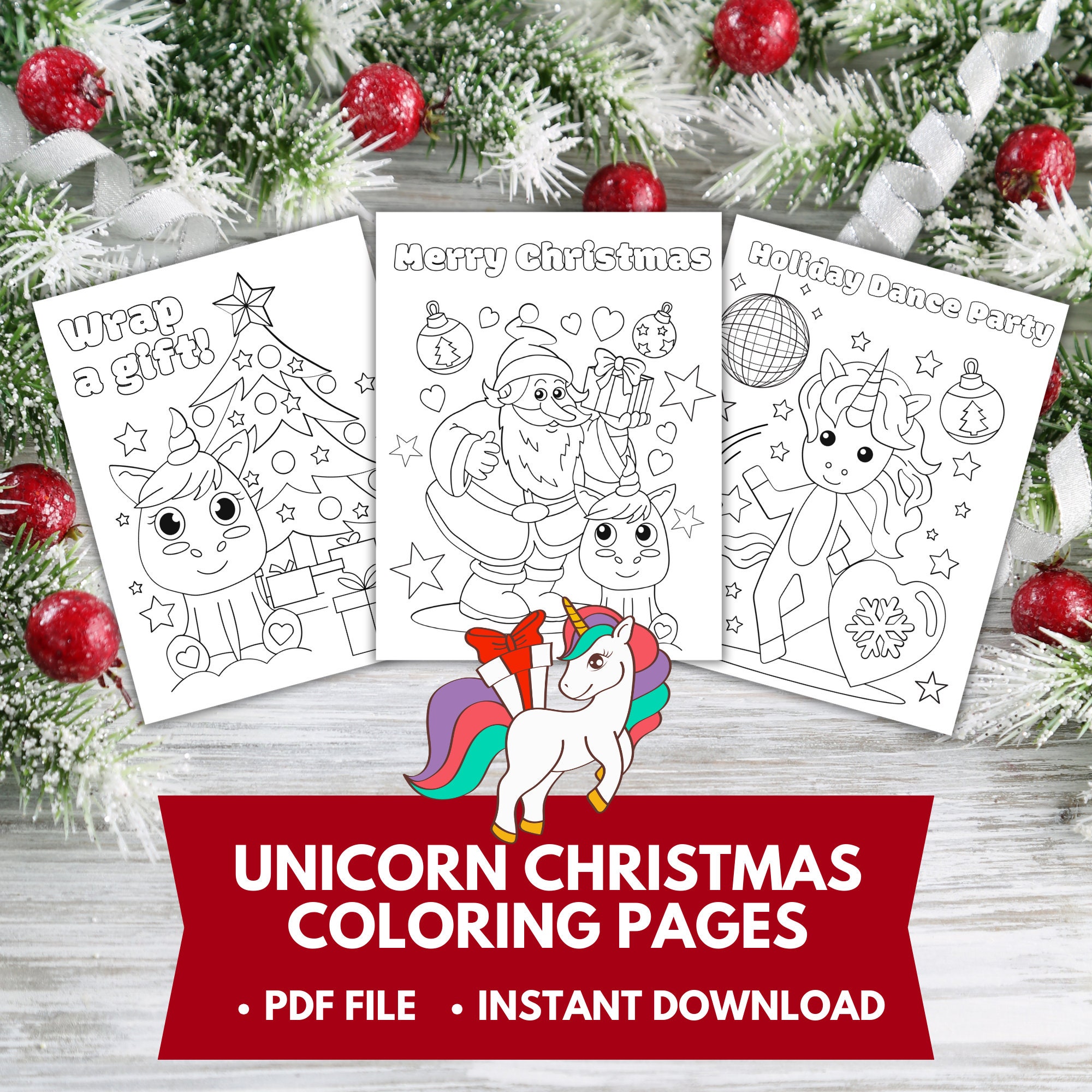 Christmas Unicorn Coloring Page for Kids Family Fun Activity Etsy