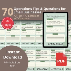 May include: A digital worksheet with 70 pages of tips and questions for small businesses. The worksheet is divided into seven chapters, including inventory management, technology integration, and supply chain management. The worksheet is available for instant download as a PDF.