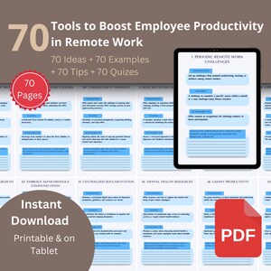 Op de afbeelding: Een blauwe en witte printbare PDF-gids met de titel "70 Tools to Boost Employee Productivity in Remote Work". De gids bevat 70 ideeën, 70 voorbeelden, 70 tips en 70 quizzen om de productiviteit van werk op afstand te verbeteren.