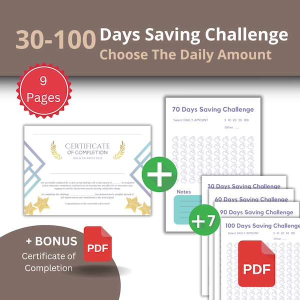 70 Days Savings Challenge with Certificate of Completion + 7 Extra Options (30-100 Days) | Challenge Yourself to Boost savings in 2023!