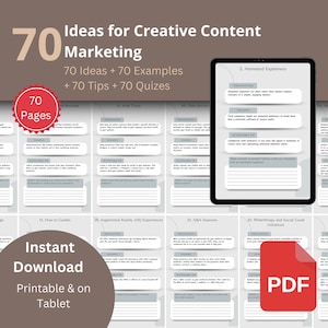 May include: A digital tablet displaying a page from a 70-page guide titled "70 Ideas for Creative Content Marketing". The guide includes 70 ideas, 70 examples, 70 tips, and 70 quizzes. The page features a section titled "Animated Explainers" with an explanation and actionable tip. The guide is available for instant download and is printable on a tablet.