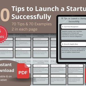Könnte beinhalten: Ein digitaler Download eines 70-seitigen Leitfadens mit Tipps und Beispielen, wie man ein Startup erfolgreich startet. Der Leitfaden ist in Abschnitte mit Titeln wie "Cashflow-Management" und "Diversifizierung der Lieferantenbasis" unterteilt. Der Leitfaden ist als druckbares PDF verfügbar.