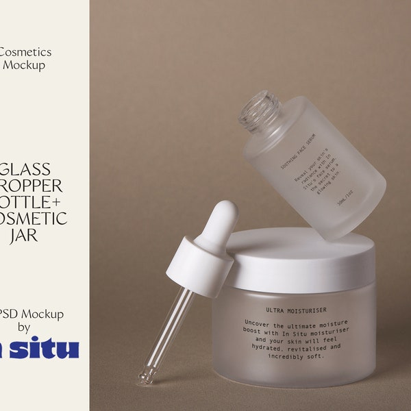 Clean and Minimalistic Cosmetic Glass Dropper Bottle and Jar Mockup - Beauty Product Packaging PSD for Branding and Graphic Design