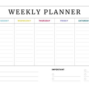May include: A white weekly planner featuring a light blue ribbon in the top left corner. It has sections for each day of the week, with the days labelled in different colours. There are also sections for notes and important items.