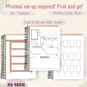 May include: A printable 2025 reading journal with a spiral binding. The journal includes trackers, monthly and yearly stats, and space to review over 100 books. The journal is advertised as minimal setup and print-and-go. The journal is a PDF printable file.