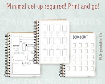 Printable Reading Journal: Book Review Pages, Trackers, Challenges (PDF)