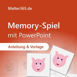 Könnte beinhalten: Eine rote und weiße Grafik mit dem Text "Memory-Spiel mit PowerPoint" und "Anleitung & Vorlage". Die Grafik zeigt ein Cartoon-Schwein und einen Löwen. Der Text "Hier weiterlesen..." befindet sich am unteren Rand der Grafik.