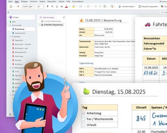 May include: A digital interface with multiple open windows displaying a calendar, a car log, and a daily schedule. A cartoon man with a beard is holding a tablet. The interface shows text and data.