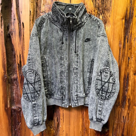Vintage 80s 90s Nike Challenge Grey Acid Wash Denim Jacket Size M