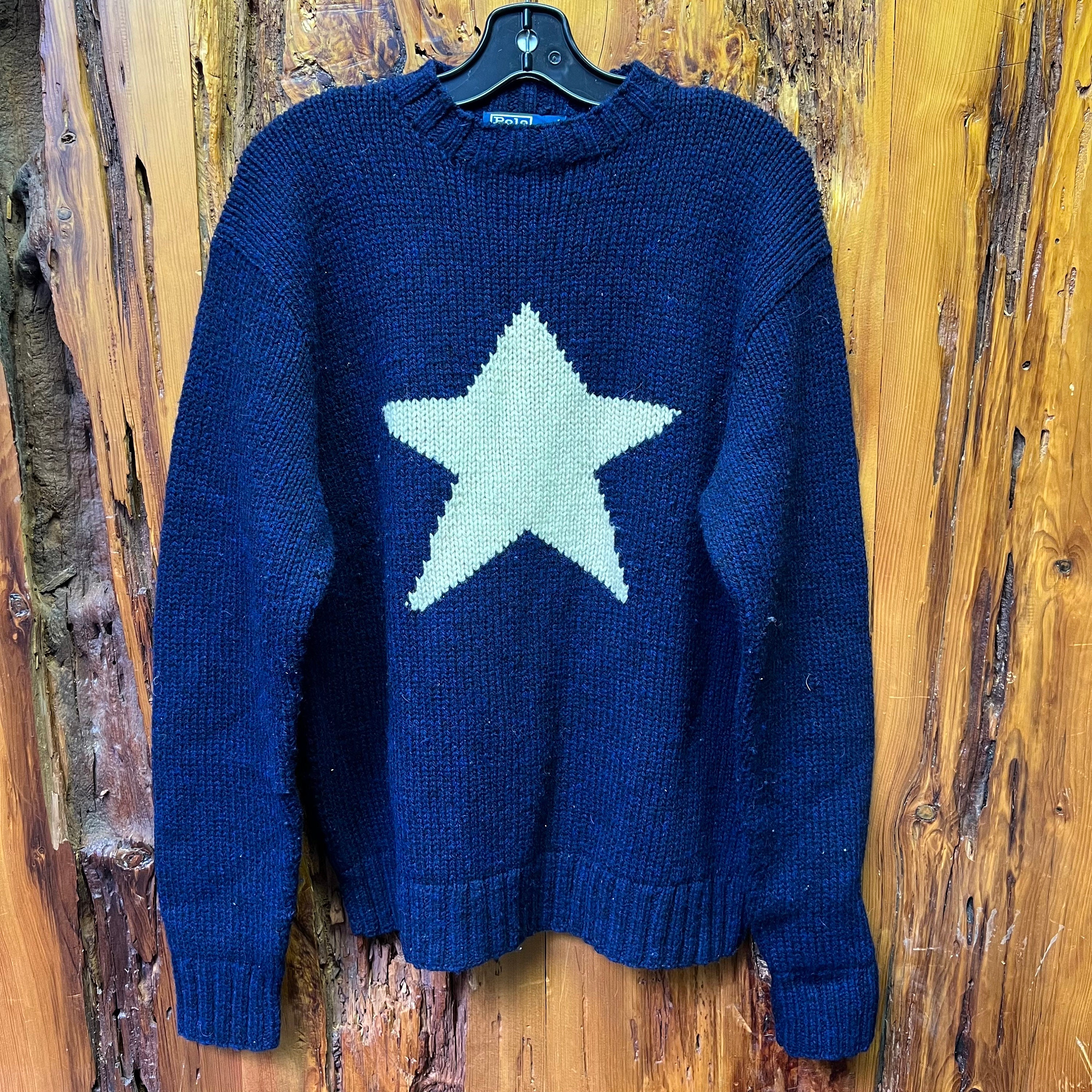 Vintage 90s Polo Ralph Lauren Star Knit Navy Wool Sweater Size