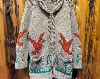 Vintage 50s 60s Cowichan Full Zip Hand Made Wool Knitted Cardigan Size  M-L