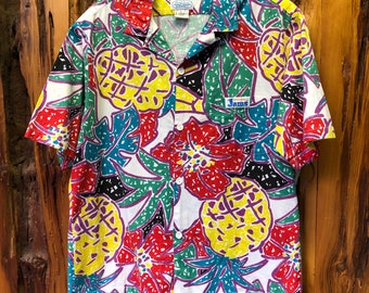 Vintage 90s Hawaiian Shirt Surf line Hawaii Floral Pineapple Shirt Size Large