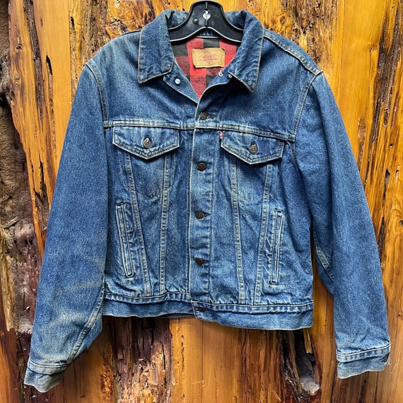 Vintage 90s Levi's Plaid Lined Denim Jacket Size … - image 1